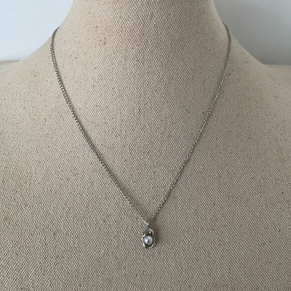 Symbolic Egg in a Nest Pendant Necklace - Silver Tone with Faux Pearl - Picture 7 of 7